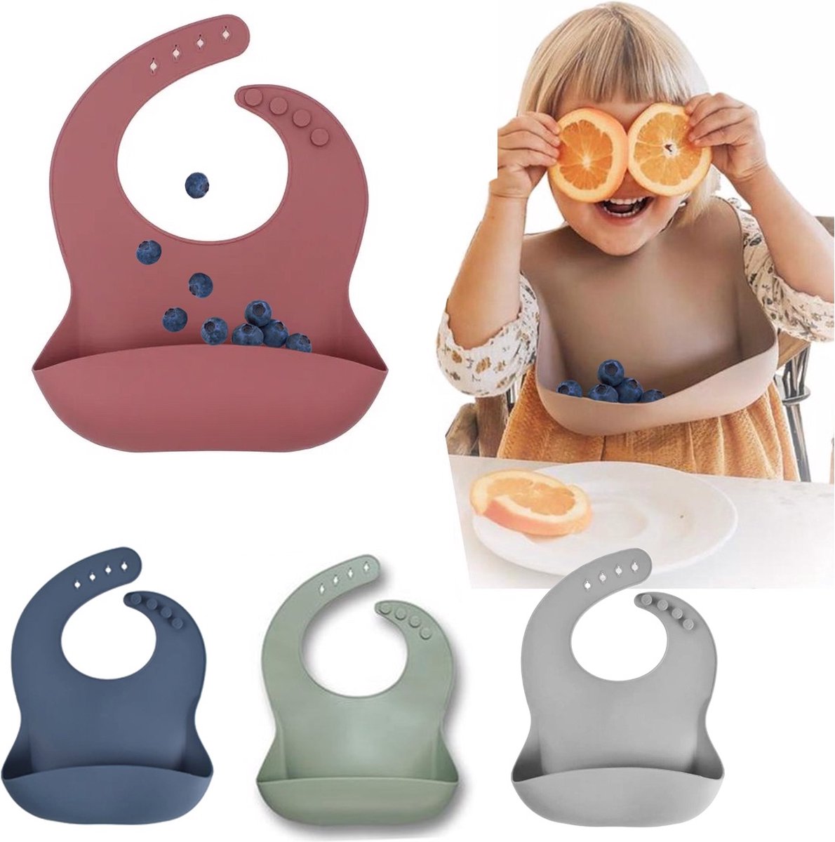 Goedkoopste Baby-Kinder Siliconen Slabbetje met Opvangbakje | BPA ftalaatvrij | Afwasbaar - 002 Grijs Blauw
