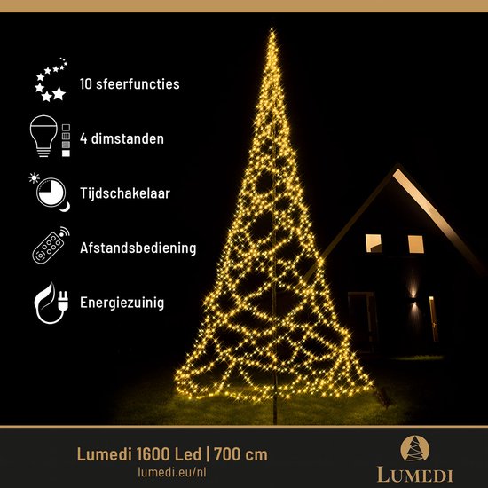 Lumedi - Kerstboom - Vlaggenmast Verlichting - 700cm - 1600 Warm Wit Led Lampjes - Afstandsbediening - Voor Buiten - Lumedi