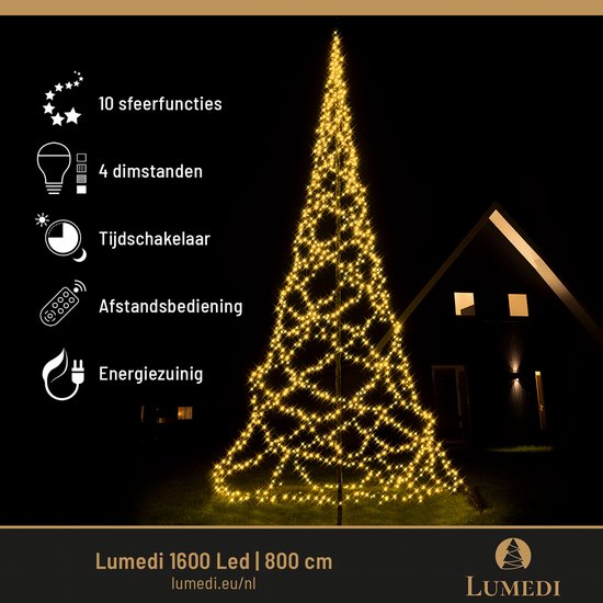 Lumedi - Kerstboom - Vlaggenmast Verlichting - 800cm - 1600 Warm Wit Led Lampjes - Afstandsbediening - Voor Buiten - Lumedi
