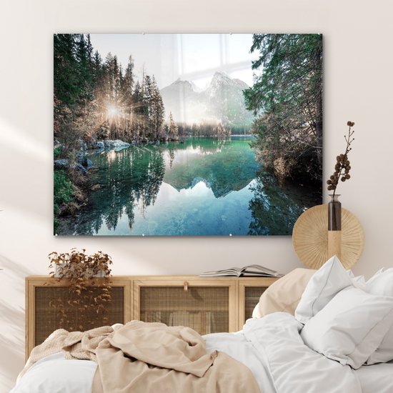 MuchoWow® Peinture sur verre 120x90 cm - Peinture sur verre acrylique - Nature - Arbres - Montagnes - Lac - Photo sur verre - Peintures