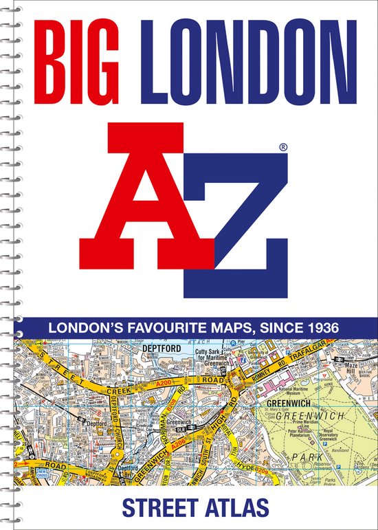 Voorblad van de Big London A-Z Street Atlas. Grote rode en blauwe letters 'AZ' op een witte achtergrond. Daaronder 'LONDON'S FAVOURITE MAPS, SINCE 1936' en een deel van een kaart.