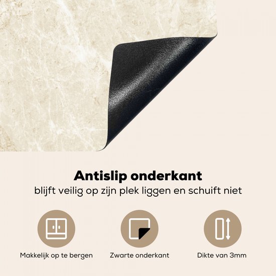 Beige marmerprint inductiebeschermer met antislip onderkant van 3mm dik zwart materiaal.