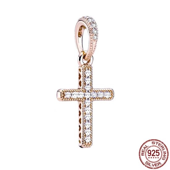 Fler® | Bedel | Past op populaire bedel armbanden (standaard-3mm) | armbandbedel | Bedel sprankelend kruis | HangBedel Charm | Kan ook als kettinghanger | 925 Sterling Zilver | Rose Goud Kleur | Zirkonia | Verjaardagsgeschenk | Valentijn kado