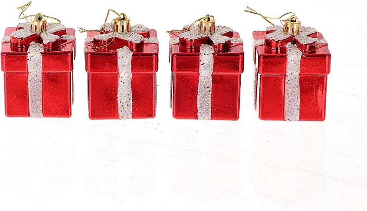 HBX natural living Kersthanger cadeautje set a 4 stuks 10,6x10,6x7,5cm rood