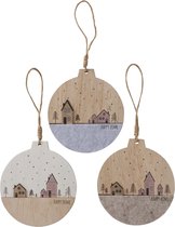 Boltze Home Decoratieve hanger Homewood in de vorm van kerstbal met dessin van huisjes met kerstbomen- gemaakt van hout en vilt - Dia 12cm