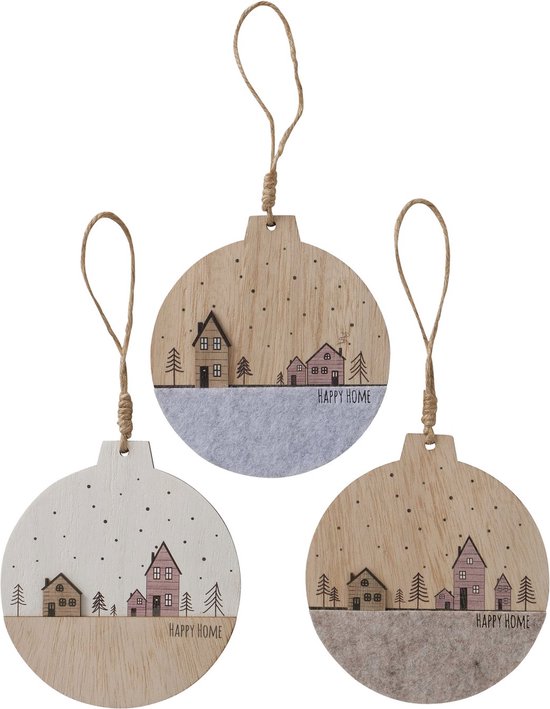 Foto: Boltze home decoratieve hanger homewood in de vorm van kerstbal met dessin van huisjes met kerstbomen gemaakt van hout en vilt dia 12cm