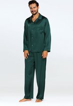 Elegante satijnen herenpyjama -Satijn pyjama heren met knoopsluiting - Lange Mouw Lange Broek pyjama - DKaren Noah - groen XXL