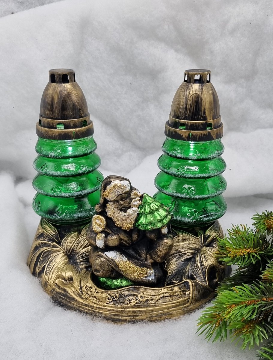 Herdenkingslicht - Kerstman- met 2 Boompjes- Goud- Grafkaars – Graflicht – Graflantaarn