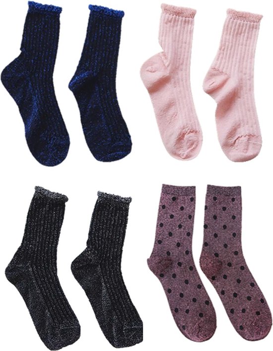 Ensemble de chaussettes à Glitter - Lot de 4 - 4 paires de chaussettes - Argent - Rose - À pois - Blauw - Taille unique