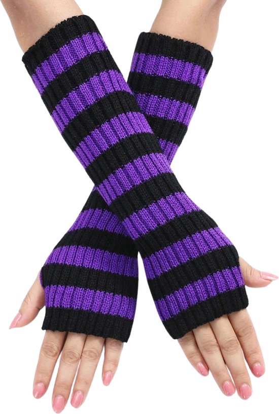 Lange polswarmers Paars/Zwart gestreept - Vingerloze handschoenen dames - Gothic Armwarmers