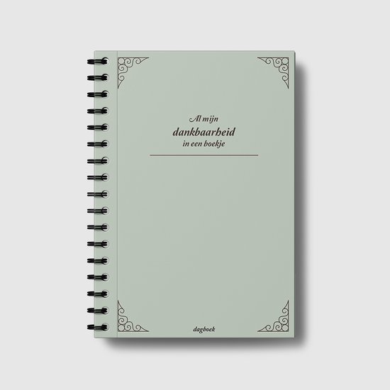 Groen dagboek met ringband, met de tekst 'Al mijn dankbaarheid in een boekje' en 'dagboek'.
