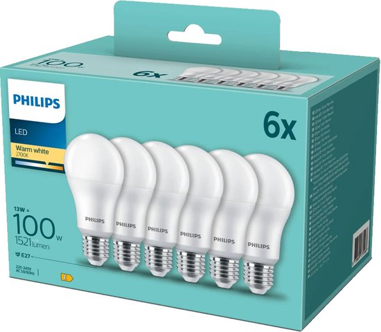 Ampoule LED Philips A60 E27 13W 2700K 1521lm 230V - Paquet de 6 - Wit Chaud