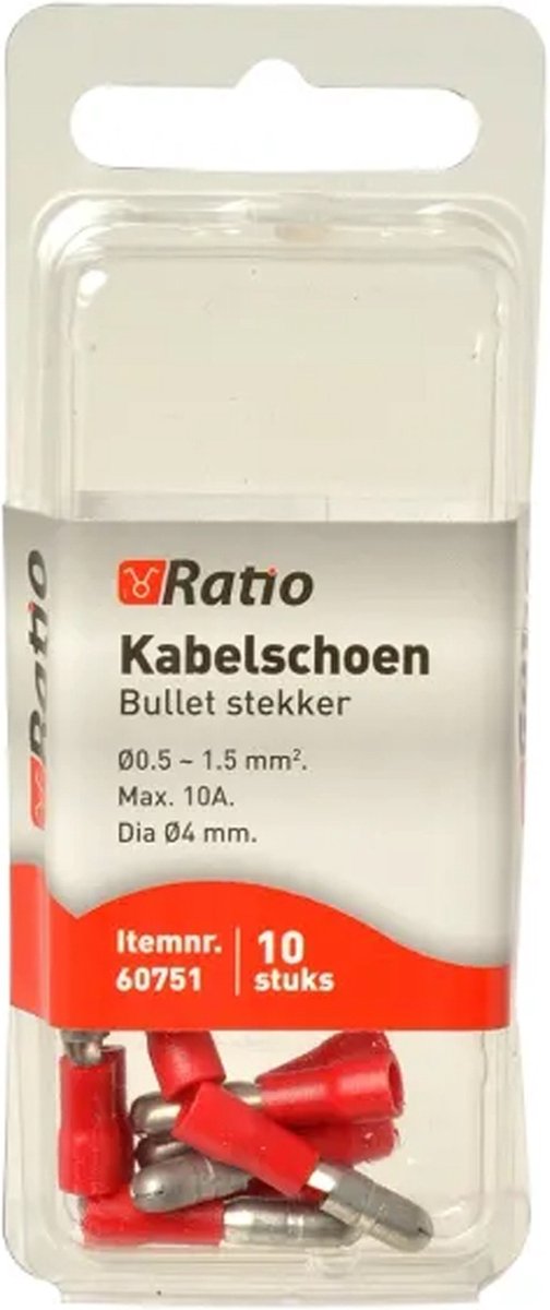 Ratio Kabelschoen Bullet stekker 0,5-1,5mm² - Rood - 10st in blister