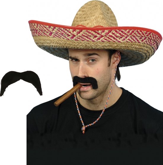 Carnaval verkleed setje - Mexicaanse sombrero hoed 48 cm met plak nepsnor - naturel - heren