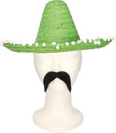Carnaval verkleed set Gringo - Mexicaanse sombrero hoed - groen - met Western thema plaksnor zwart