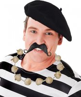 Carnaval verkleed set compleet - Fransman baret met plaksnor - en knoflook ketting - volwassenen - verkleedkleding