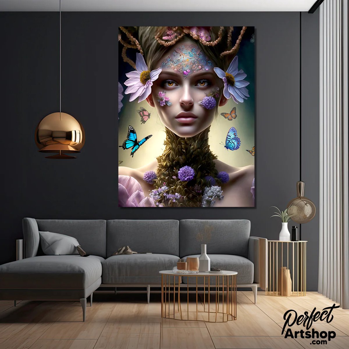 MOTHER NATURE: 75x100cm Plexiglas Decoratie - Kunst - Vrouw - Vlinders - Bloemen - Woninginrichting