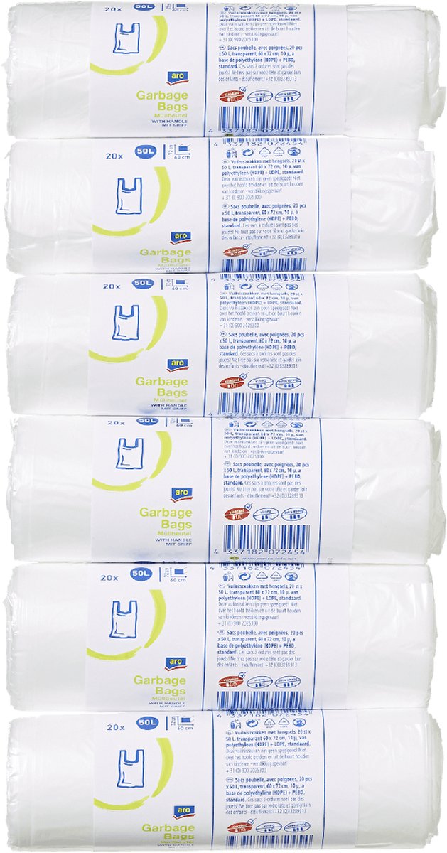 Vuilniszakken 50 liter - pedaalemmerzakken met handvatten - 120 (6 x 20) afvalzakken - 62 x 75 cm - WIt
