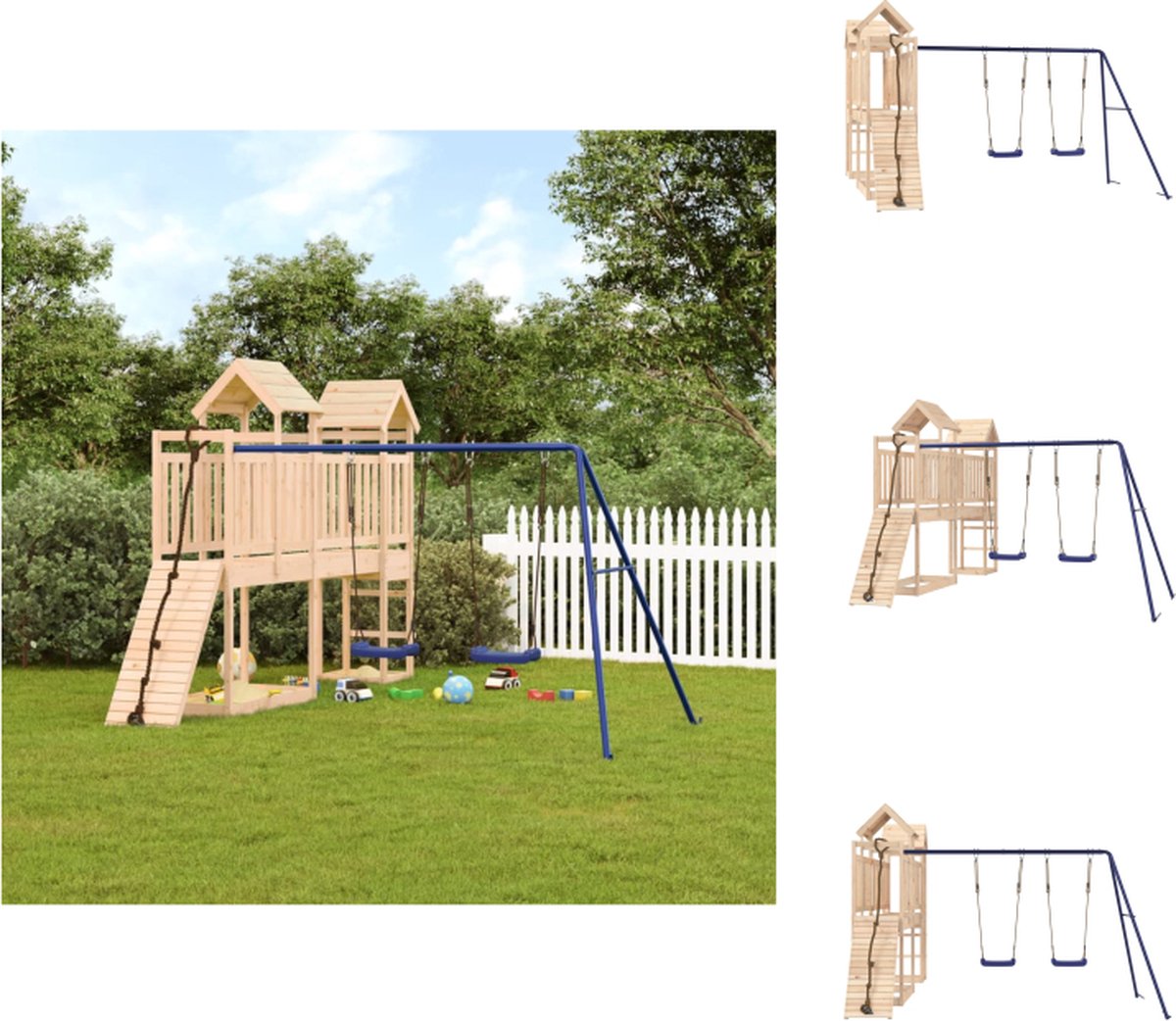 VidaXL Speeltorens met brug Massief grenenhout 314 x 339 x 214 cm Multi-activiteitencentrum Speeltoestellencombinatie