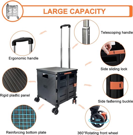 Chariot De Courses Pliable Jumbo - Double Panier, Capacité 160 Kg, Roues 360° - Pour Courses, Linge, Bagages