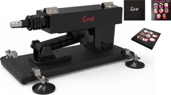 Zwarte, verstelbare seksmachine met zuignappen en de merknaam 'LoveVlijt'. Twee handleidingen op de achtergrond.