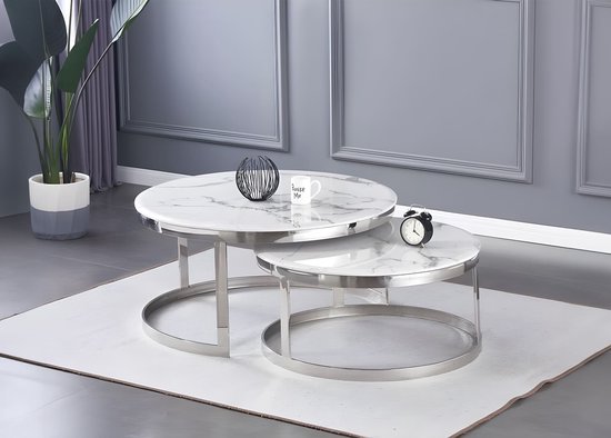 Moderne Marmerlook Salontafel – Set van 2 – 80 cm + 60 cm – Wit/Zilver