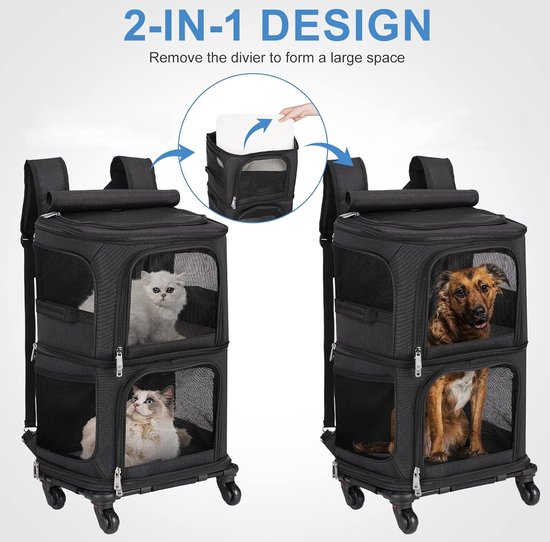 Cage De Transport Pliable Avec Roulettes Pour Chat/chien - Jusqu'à 9 Kg (chat) Ou 7.5 Kg (chien), Poignée Télescopique, Bretelles