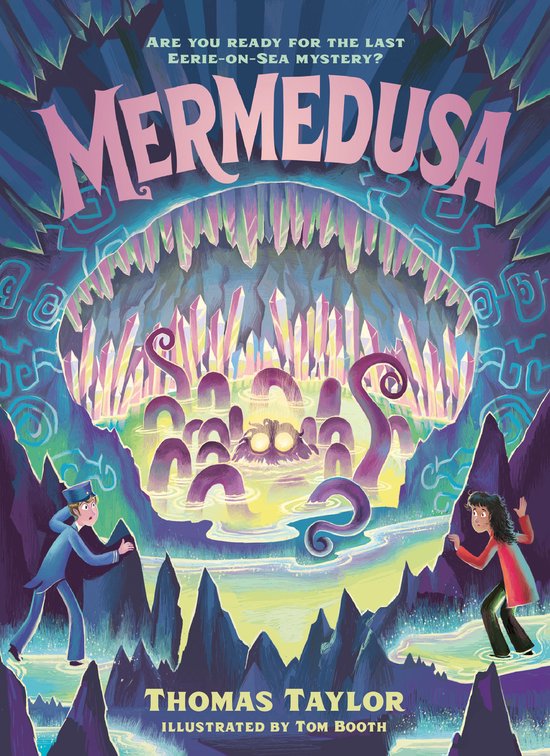 Boekcover: Kinderboek 'Mermedusa' met een grot vol paarse tentakels en een monster. Twee kinderen, een jongen in een blauw pak en een meisje met krullend haar, kijken naar het tafereel. Tekst: 'Mermedusa'.