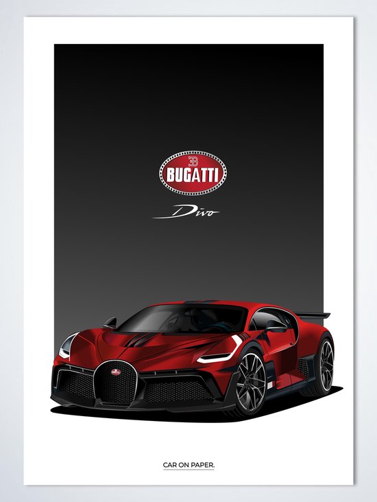 Bugatti Divo Rood op Poster - 50 x 70cm - Auto Poster Kinderkamer / Slaapkamer / Kantoor
