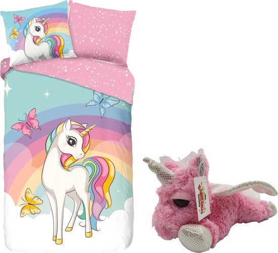 Dekbedovertrek Unicorn- Regenboog- 140x200/220- Katoen- incl. Pluche Unicorn 22cm !