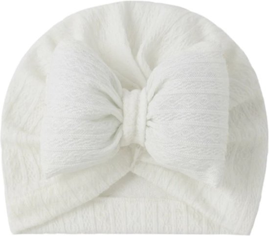 Baby - Beanie - wit - strikje - 0-12 maanden