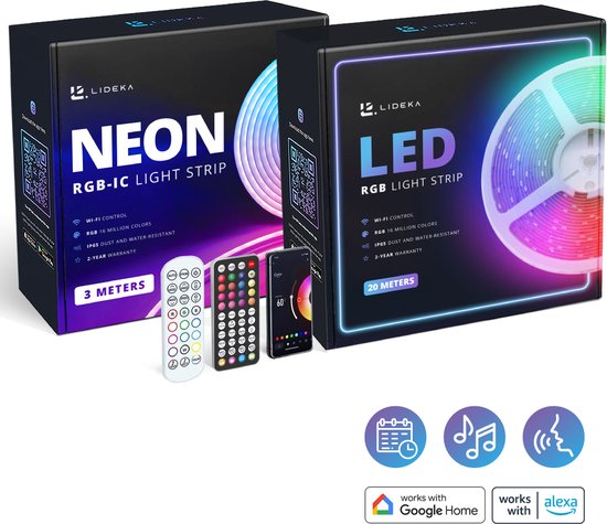 Lideka® - Bande LED NEON RGBIC 3 mètres + Bande LED RGB 20 mètres - Auto-adhésive avec télécommande et application - Bande LED Smart - Compatible avec Google Home, Amazon Alexa et Siri