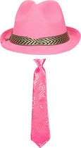 Toppers in concert - Carnaval verkleedset Classic - hoed en stropdas - roze - heren/dames - verkleedkleding accessoires