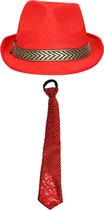 Carnaval verkleedset Classic - hoed en stropdas - rood - heren/dames - verkleedkleding accessoires