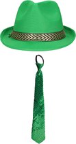 Toppers - Carnaval verkleedset Classic - hoed en stropdas - groen - heren/dames - verkleedkleding accessoires