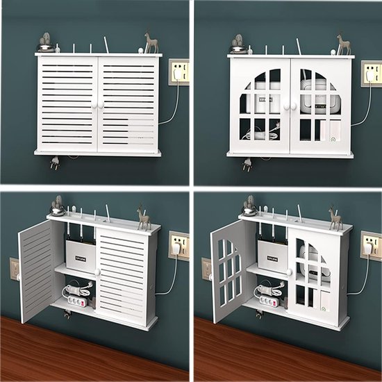 DBREAKS Set van 2 houten kabelmanagementdozen met magnetisch bamboedeksel en kabelbinders, wandopbergdoos, kabelopbergdoos (wit