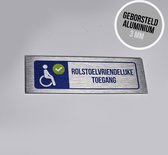 Icône en aluminium brossé | "Accès adapté aux personnes en fauteuil roulant" | 18 x 6 cm | Version de luxe | Handicapé | Désactivée | Utilisateur de fauteuil roulant | Shopping | Inoxydable | Néerlandais | 1 pièce