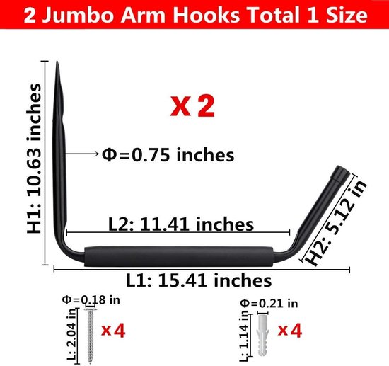 Foto: Wandhaken garage plafondhaken dubbele ladderhaken zware belasting opberghanger organizer voor kajaks fiets klapstoelen montagehaakset met bekleding eva voor bescherming draagkracht 80 kg zwart 4 stuks