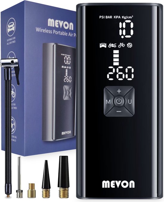 MEVON Mini Compressor Bandenpomp – Draagbare Luchtcompressor - Elektrische Fietspomp – Ballenpomp - 8000mAh