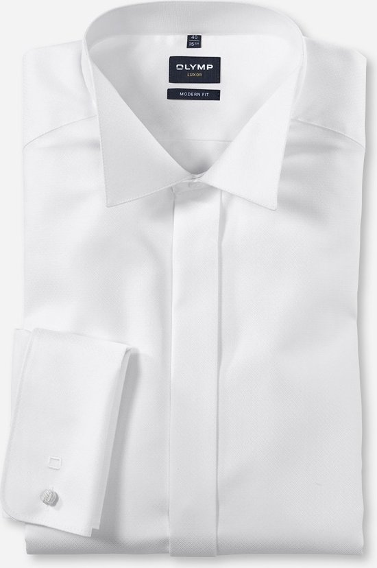 OLYMP Luxor modern fit overhemd - smoking overhemd - wit - structuur stof met een wing kraag - Strijkvrij - Boordmaat: 42