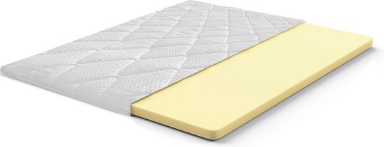 Matrastop met een geperforeerde latex kern en een gewatteerde, geweven hoes.