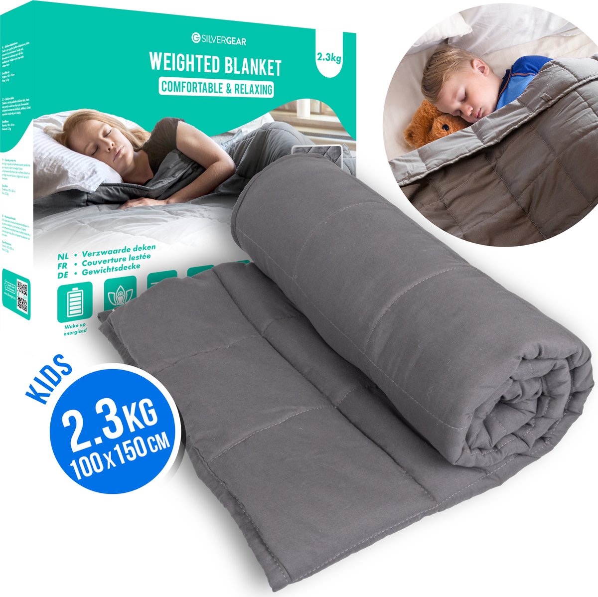 Verzwaringsdeken Kind 2.3 kg - 100 x 150 cm - Weighted Blanket - Verzwaarde Deken - Grijs - Silvergear op Prijzenvolger.com