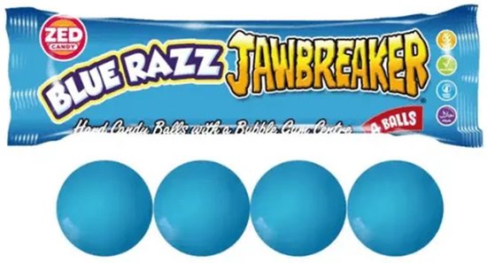 Verpakking 'Blue Razz Jawbreaker' met vier lichtblauwe snoepballen.