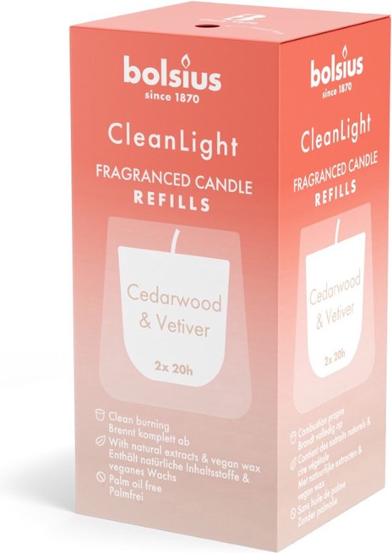 Bolsius Clean Light Geurnavulling 20u Cedarwood & Vetiver doosje a 2 stuks