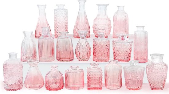 20 stuks, roze, kleine glazen vaazen, vintage, decoratieve vazen, set verschillende maten, bloemenvaas voor tafeldecoratie, middenstukken, bruiloftsdecoraties