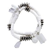 Behave Elastische armband wit met schelpkralen en glas hangers 8mm dikte