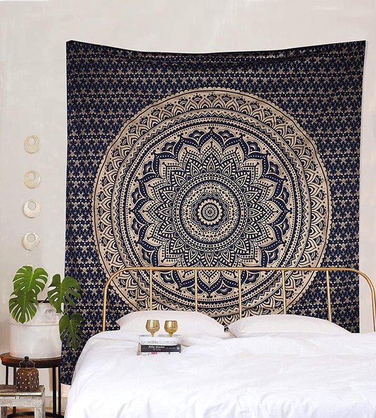 Indiaas wandtapijt Mandala blauw goud, boho wanddecoratie, esthetische kamerdecoratie, wanddoek mandala, psychedelisch wandtapijt, 208 x 210 cm
