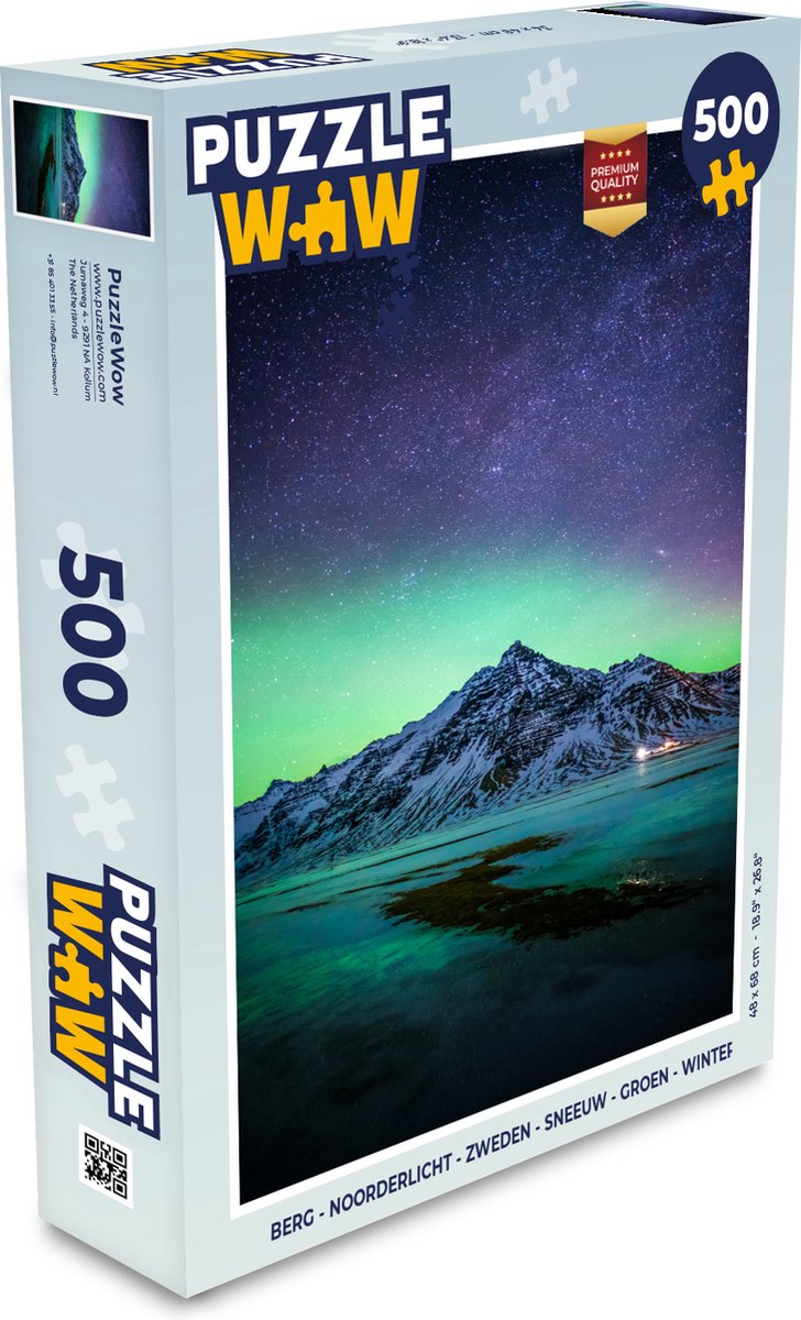 Puzzel Berg - Noorderlicht - Zweden - Sneeuw - Groen - Winter - Legpuzzel - Puzzel 500 stukjes