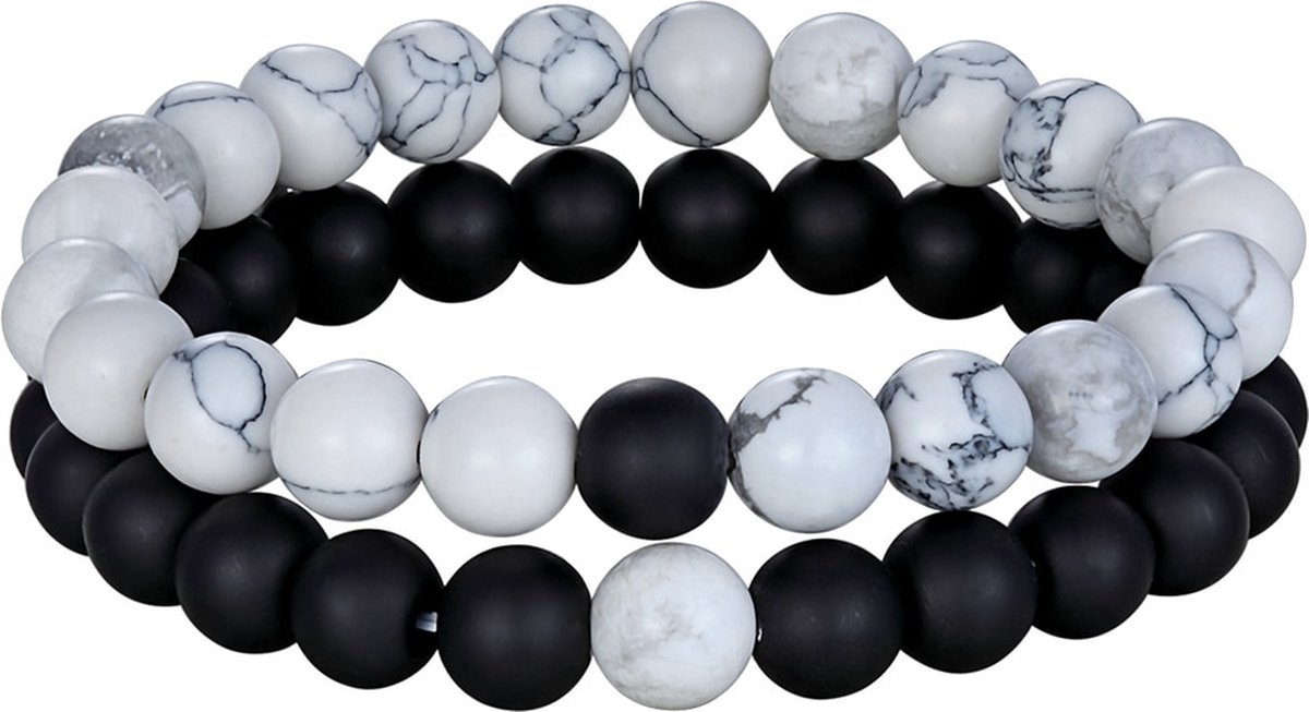 Dubbele Kralen Armband - Natuursteen - Armbanden Heren Dames - Marmer Wit / Lava - Papa Cadeau Voor Mannen - Vaderdag