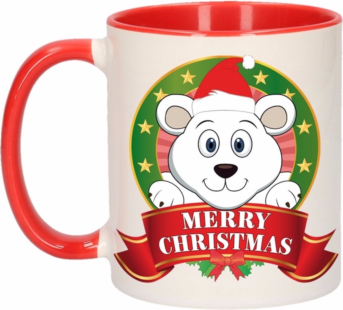 Kerst beker / mok - rood met wit - 300 ml keramiek - IJsbeer print